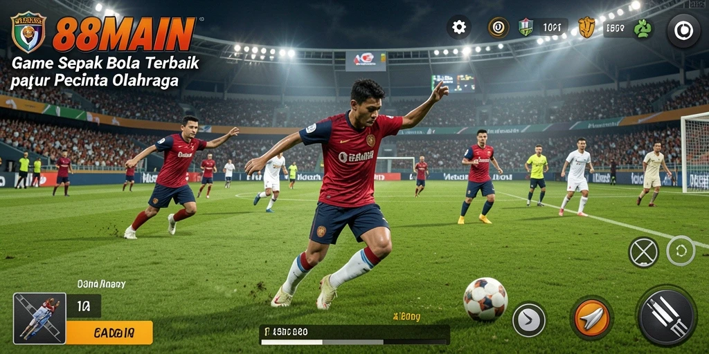 Tampilan gameplay seru dari aplikasi 88MAIN yang menampilkan aksi sepak bola.