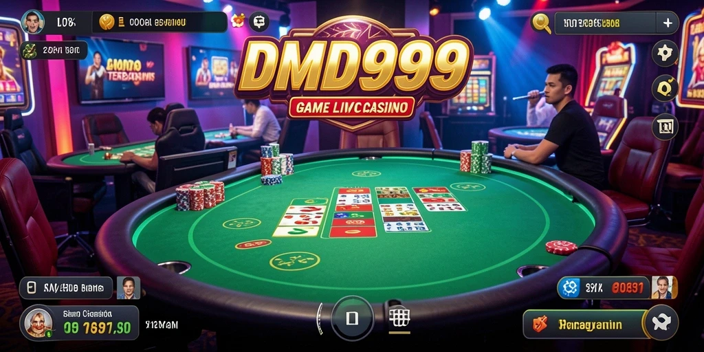 Tampilan gameplay seru DMD999 dengan dealer langsung dan pemain lainnya.