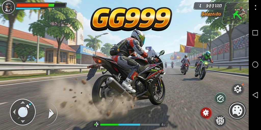 Screenshot GG999 menampilkan aksi balapan motor yang menegangkan.