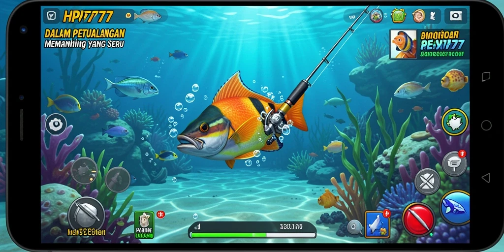 Screenshot HP777 menampilkan gameplay menegangkan saat memancing ikan besar.