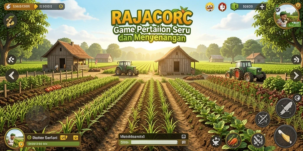 Screenshot gameplay RAJACORC yang menggambarkan aktivitas pertanian.